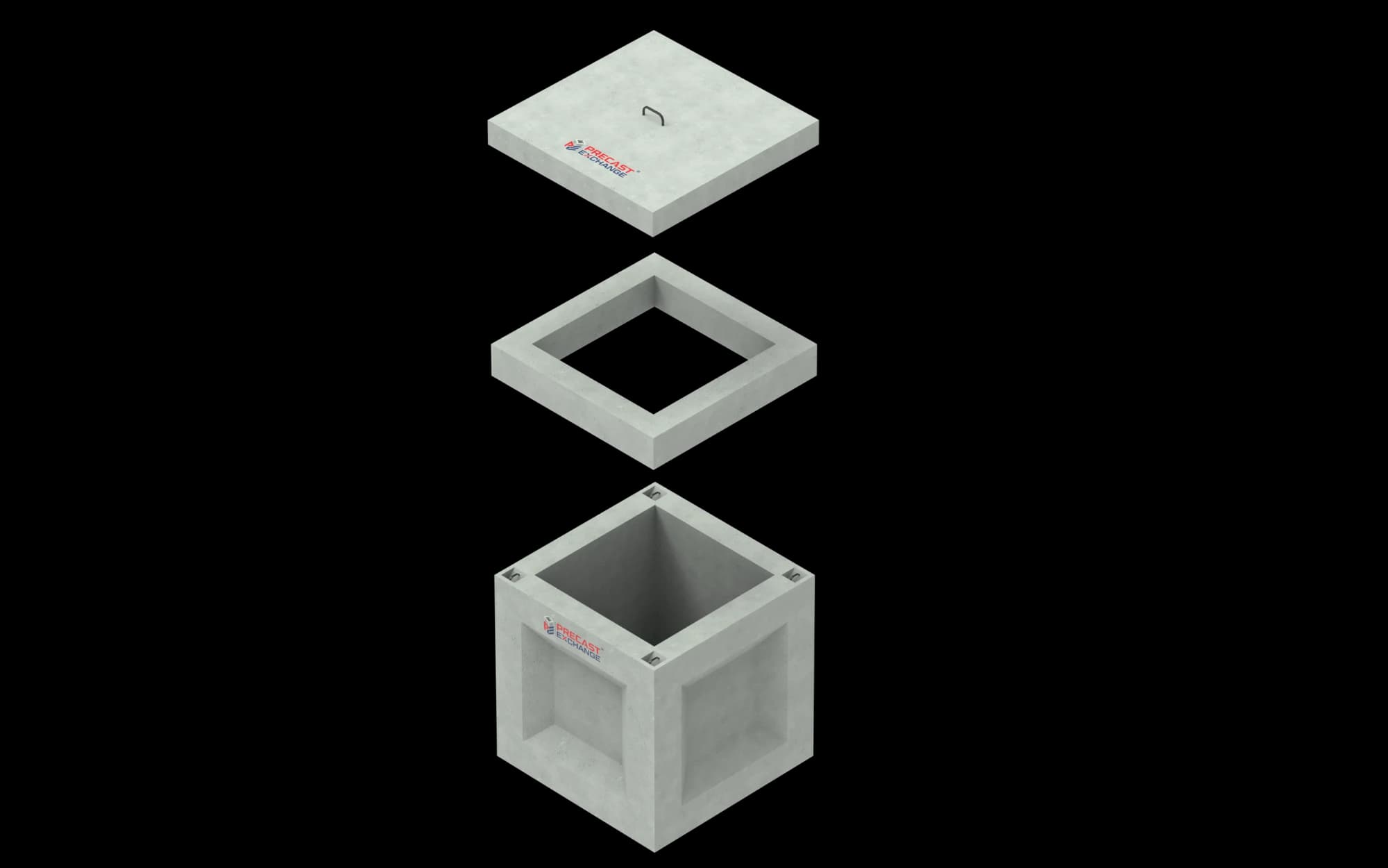 Exploded view of a square precast meter box: solid cover, grade ring and base