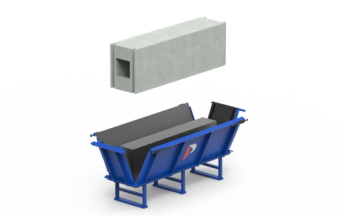 Demoulded concrete trench unit beside the open steel mould