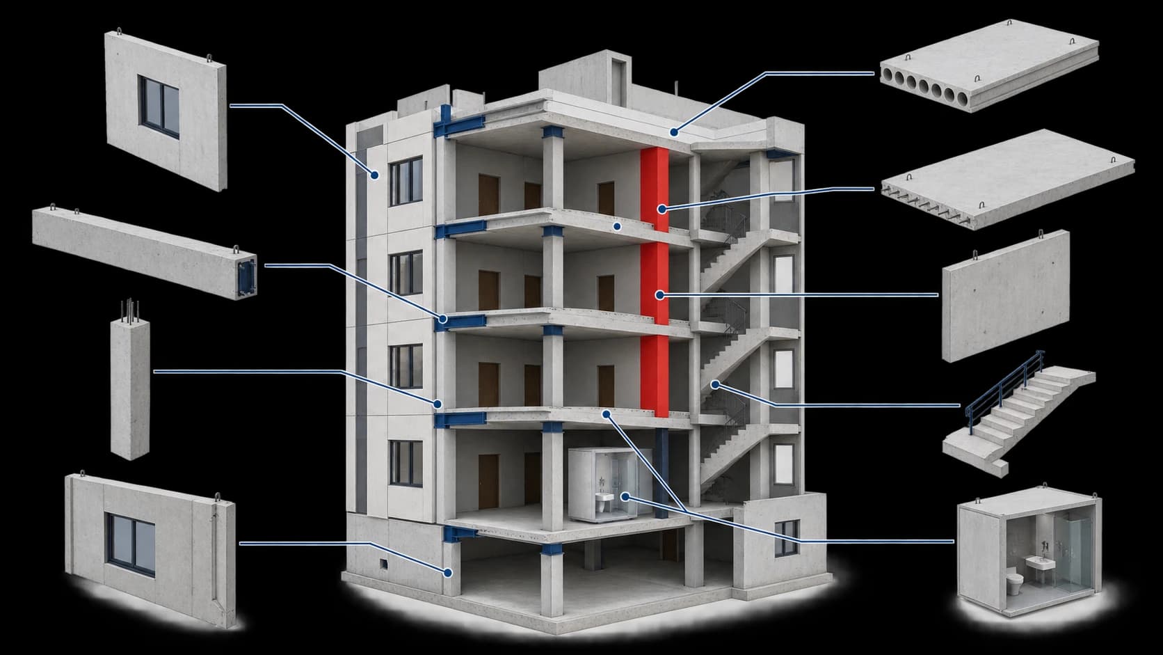 Exploded isometric view of a five-storey building showing its precast components: wall panels, beams, columns, load-bearing walls, hollowcore and prestressed slabs, staircase and bathroom pod, each connected by a leader line to its position in the structure.